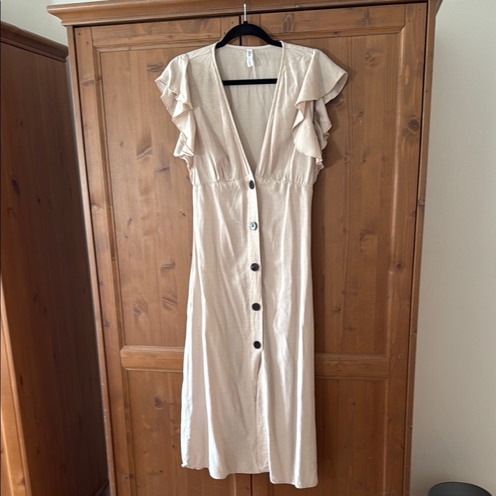 Zara Cream Midi Dress with Ruffle Sleeves